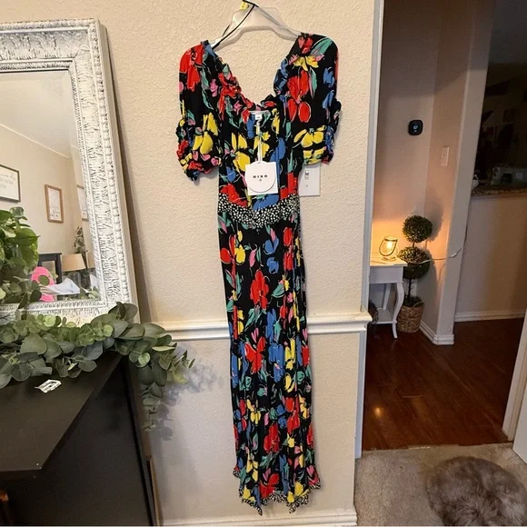 NWT RIXO  Floral Off the Shoulder Puff Maxi Dress Black 14 - Picture 12 of 16